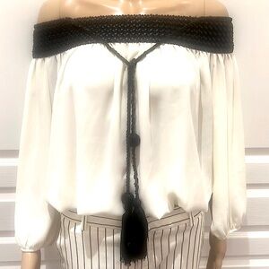 Off white blouse with black leather detail